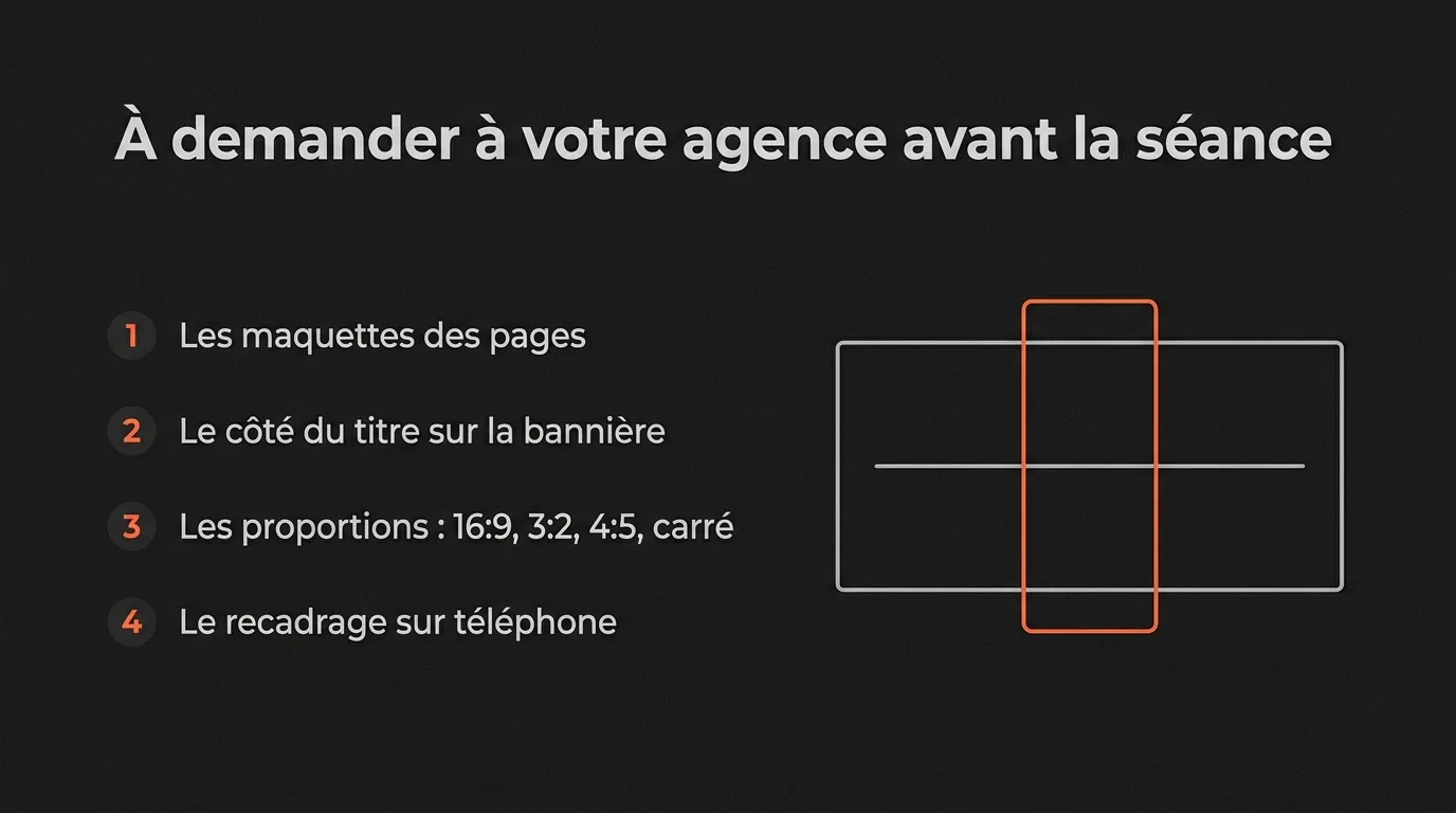Les quatre points à demander à l’agence avant la séance photo : maquettes, côté du titre sur la bannière, proportions des blocs et recadrage sur téléphone