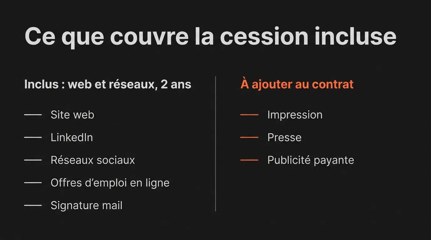 La cession de droits incluse dans une séance couvre le site web, LinkedIn, les réseaux sociaux, les offres d’emploi en ligne et les signatures mail pendant 2 ans. L’impression, la presse et la publicité payante s’ajoutent au contrat