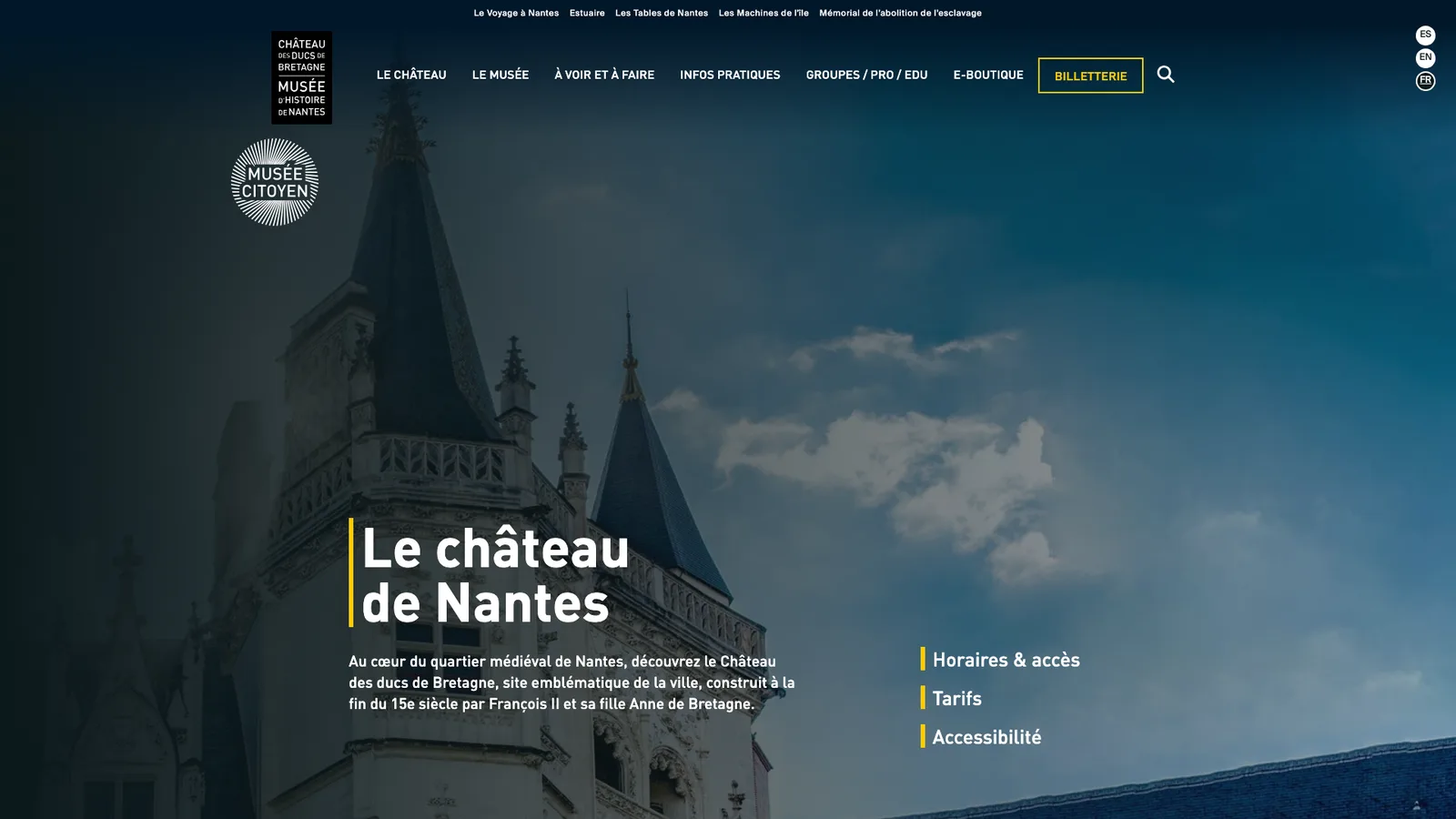 Capture d’écran de la page d’accueil du Château des ducs de Bretagne à Nantes
