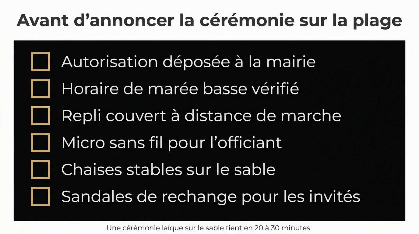 Avant d’annoncer la cérémonie sur la plage : autorisation, marée, repli couvert, micro, chaises et sandales de rechange