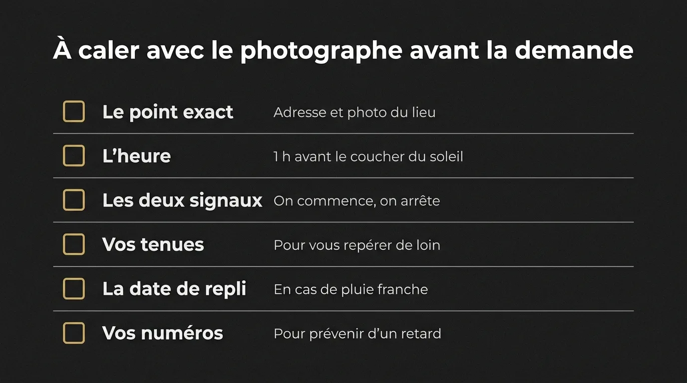 Checklist à caler avec le photographe avant une demande en mariage : le point exact, l’heure, les deux signaux, les tenues, la date de repli et les numéros de téléphone