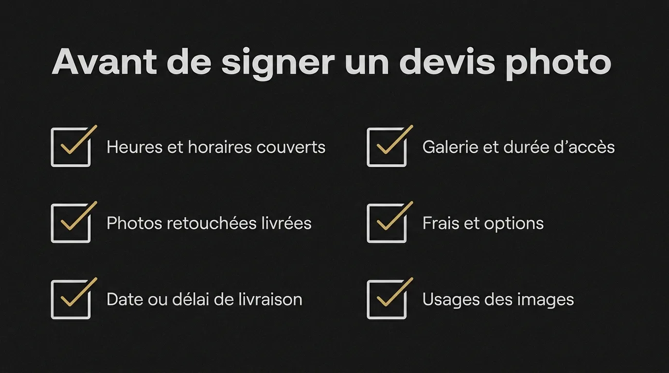 Six points à vérifier avant de signer un devis de photographe de mariage : horaires, photos livrées, délai, galerie, frais et usages des images