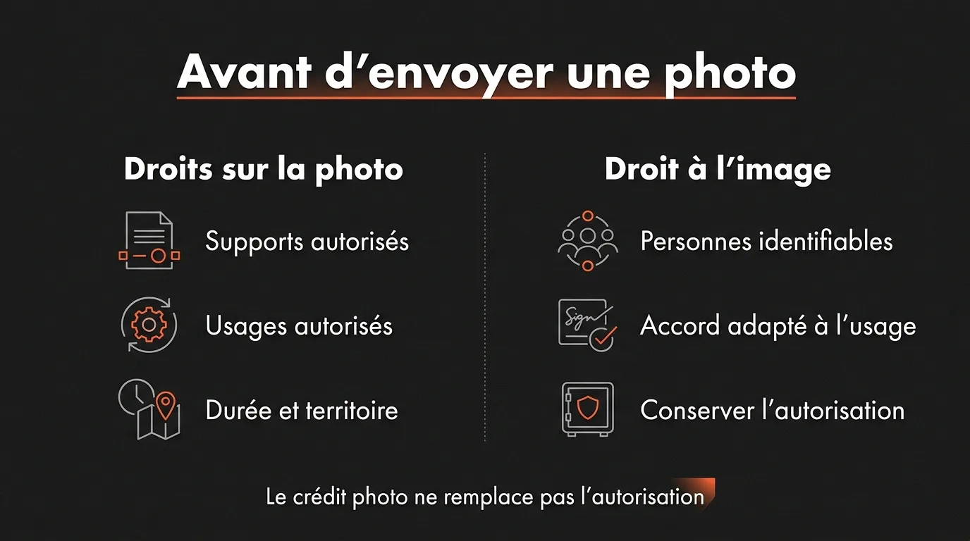 Avant de diffuser une photo de presse, vérifie les supports et usages autorisés, la durée et le territoire, ainsi que l’accord des personnes identifiables