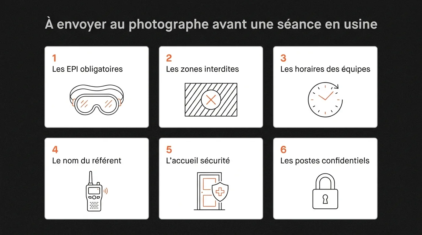 Les six informations à envoyer au photographe avant une séance en usine : EPI, zones interdites, horaires des équipes, référent, accueil sécurité, postes confidentiels