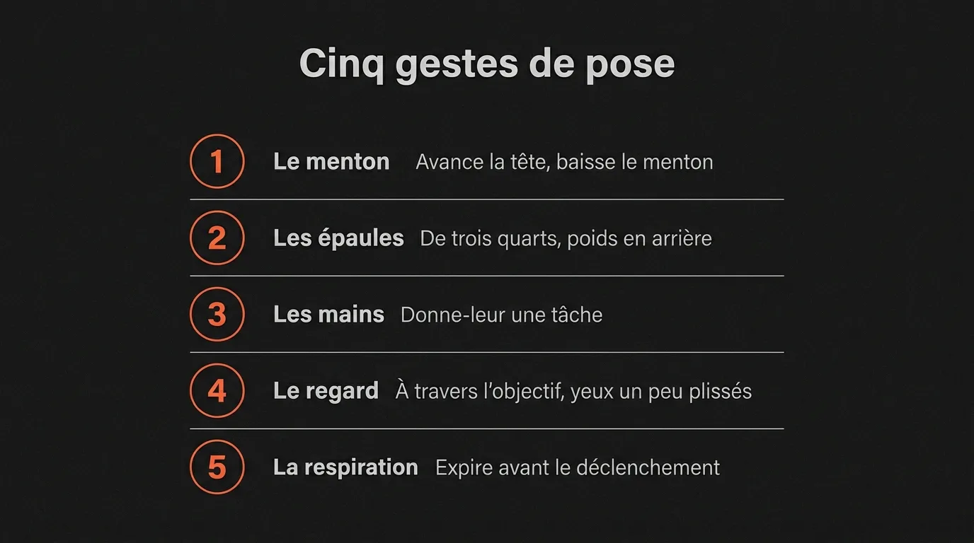 Les cinq gestes de pose pour une photo professionnelle : menton, épaules, mains, regard, respiration