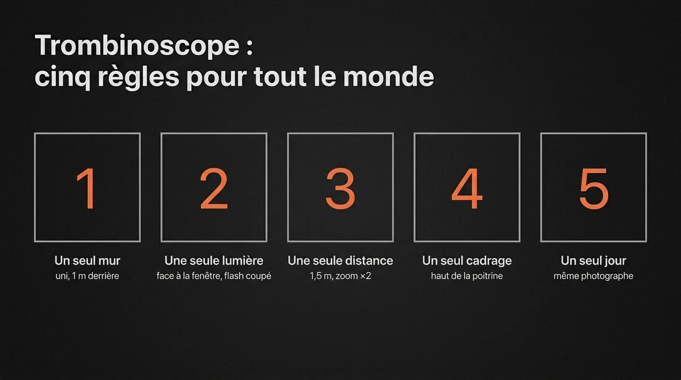 Les cinq règles d’un trombinoscope cohérent : un seul mur, une seule lumière, une seule distance, un seul cadrage, un seul jour