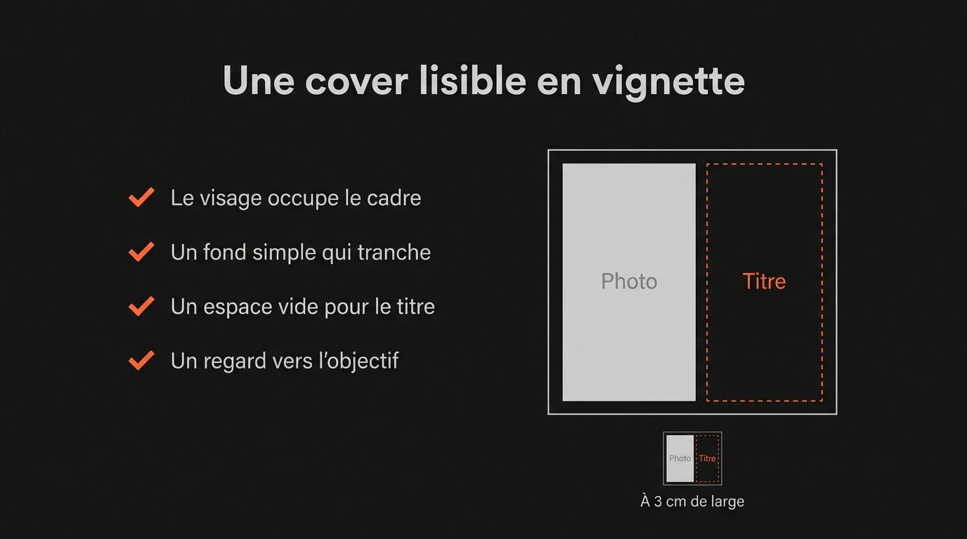 Une cover lisible en vignette : le visage occupe le cadre, le fond est simple et tranche, un espace reste vide pour le titre et le regard va vers l’objectif