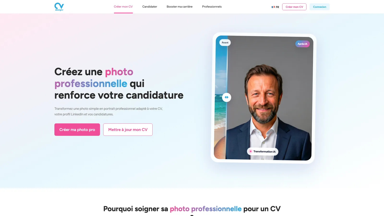 Page d’accueil de la photo professionnelle IA de CVDesignR