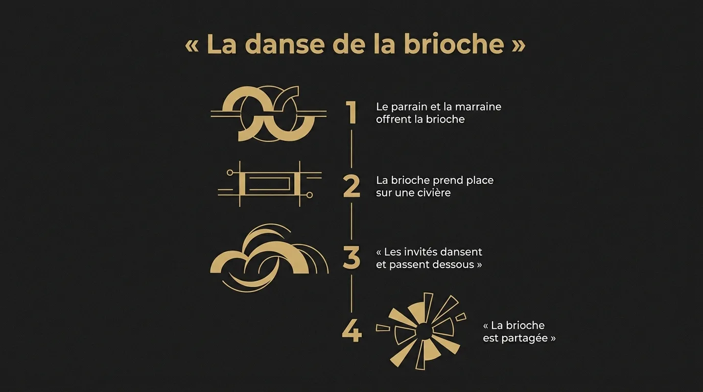 Les quatre temps de la danse de la brioche vendéenne : le cadeau des parrains et marraines, la brioche posée sur la civière, les invités qui dansent et passent dessous, puis le partage
