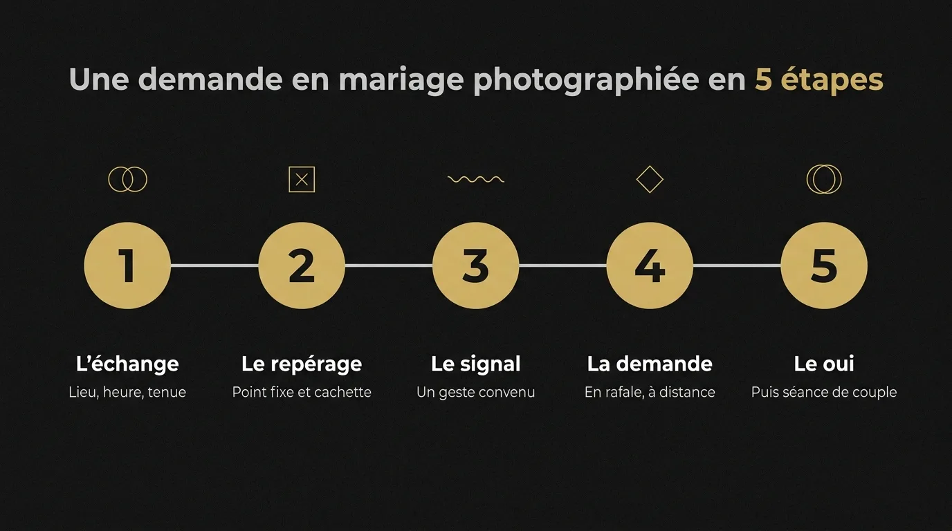 Les cinq étapes d’une demande en mariage photographiée : l’échange, le repérage, le signal, la demande et le oui suivi d’une séance de couple