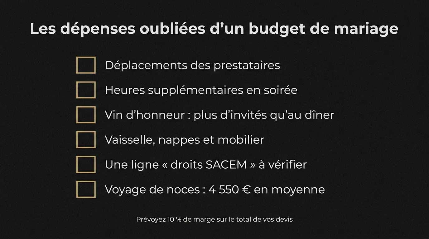 Les dépenses oubliées d’un budget de mariage : déplacements des prestataires, heures supplémentaires, vin d’honneur, vaisselle et mobilier, droits SACEM à vérifier, voyage de noces à 4 550 € en moyenne