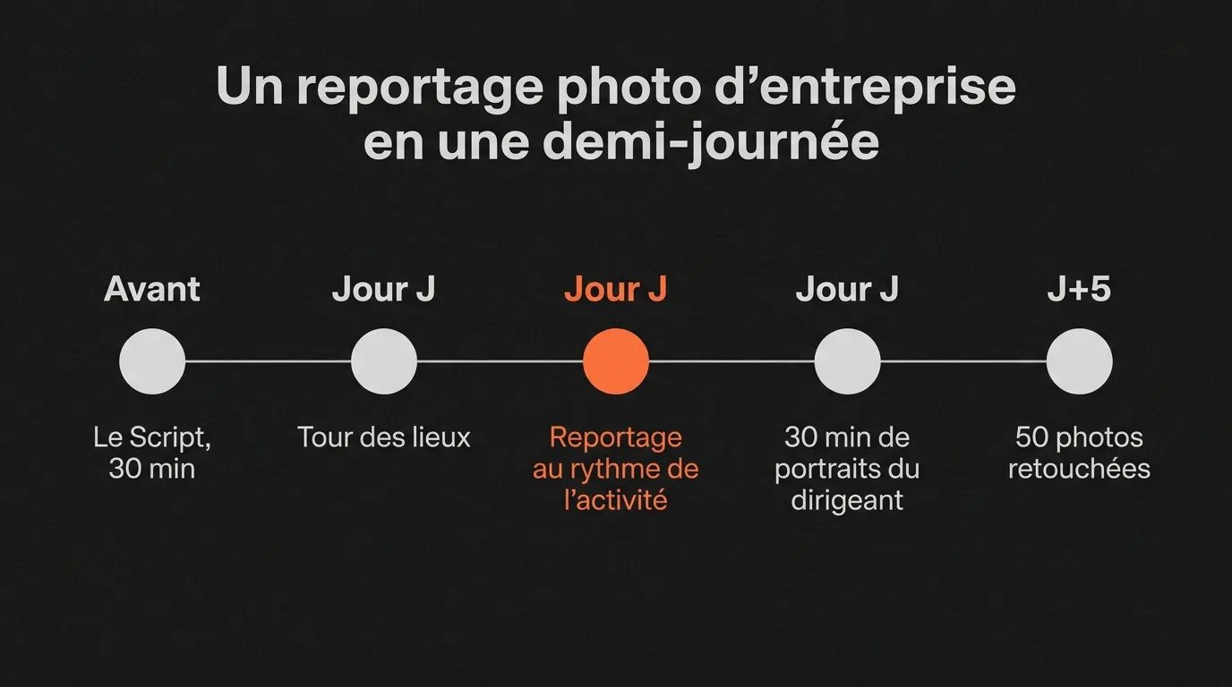 Frise d’un reportage photo d’entreprise : Script, tour des lieux, reportage, portraits du dirigeant, 50 photos à J+5
