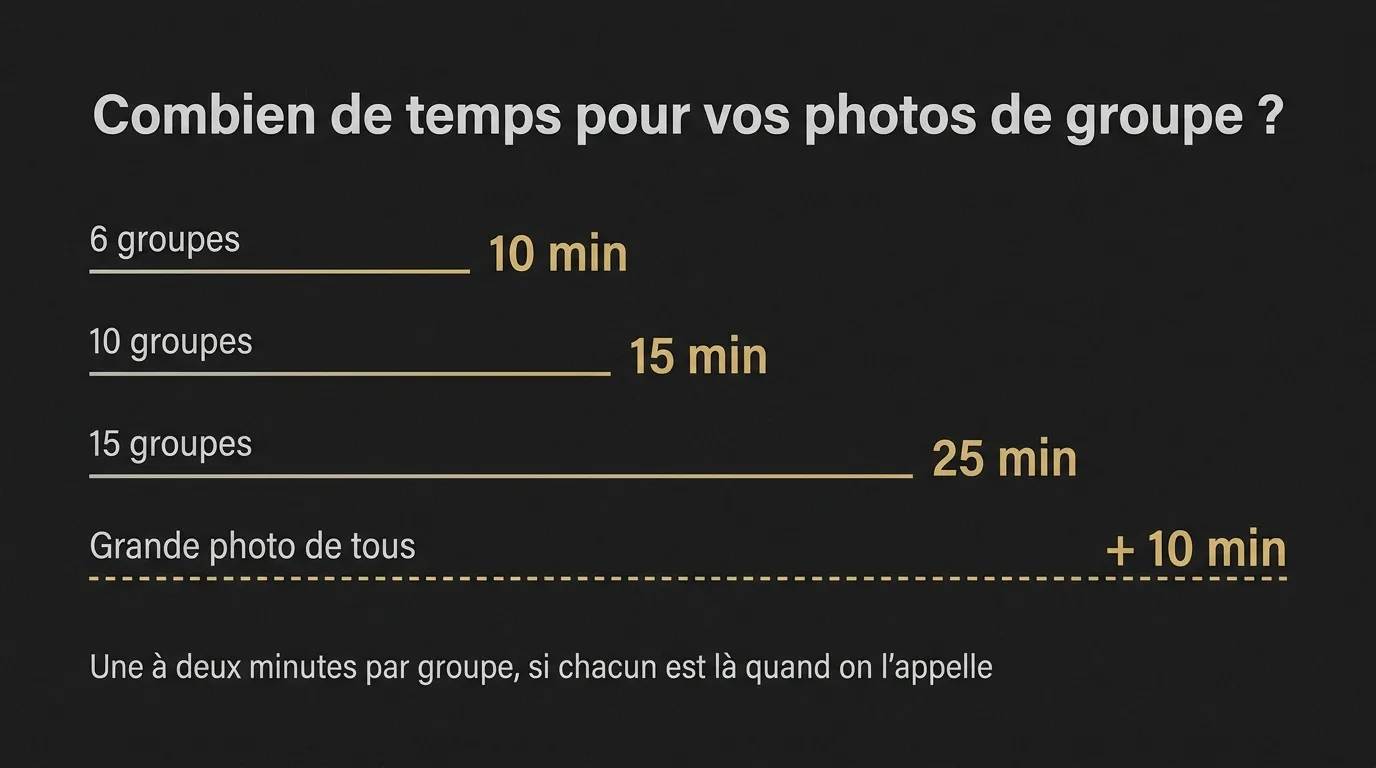 Durée des photos de groupe au mariage : 10 minutes pour 6 groupes, 15 minutes pour 10 groupes, 25 minutes pour 15 groupes, et 10 minutes de plus pour la photo de tous les invités