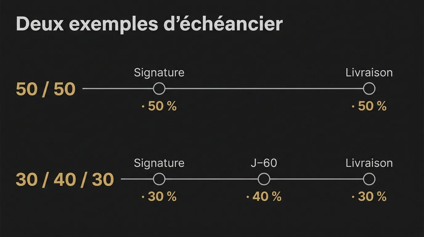 Deux exemples d’échéancier pour un devis de mariage : 50/50 à la signature et à la livraison, ou 30/40/30 avec un versement à J−60