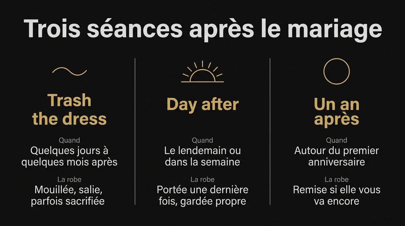 Comparatif des trois séances photo après le mariage : trash the dress, day after et séance un an après, selon le moment et le sort de la robe