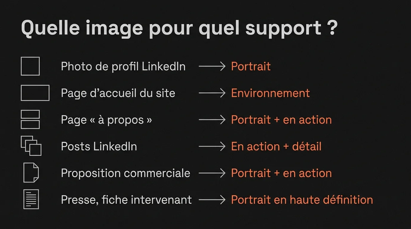 Quelle image pour quel support : un portrait pour la photo de profil LinkedIn, une photo d’environnement pour la page d’accueil, portrait et action pour la page à propos et la proposition commerciale, action et détail pour les posts, un portrait en haute définition pour la presse
