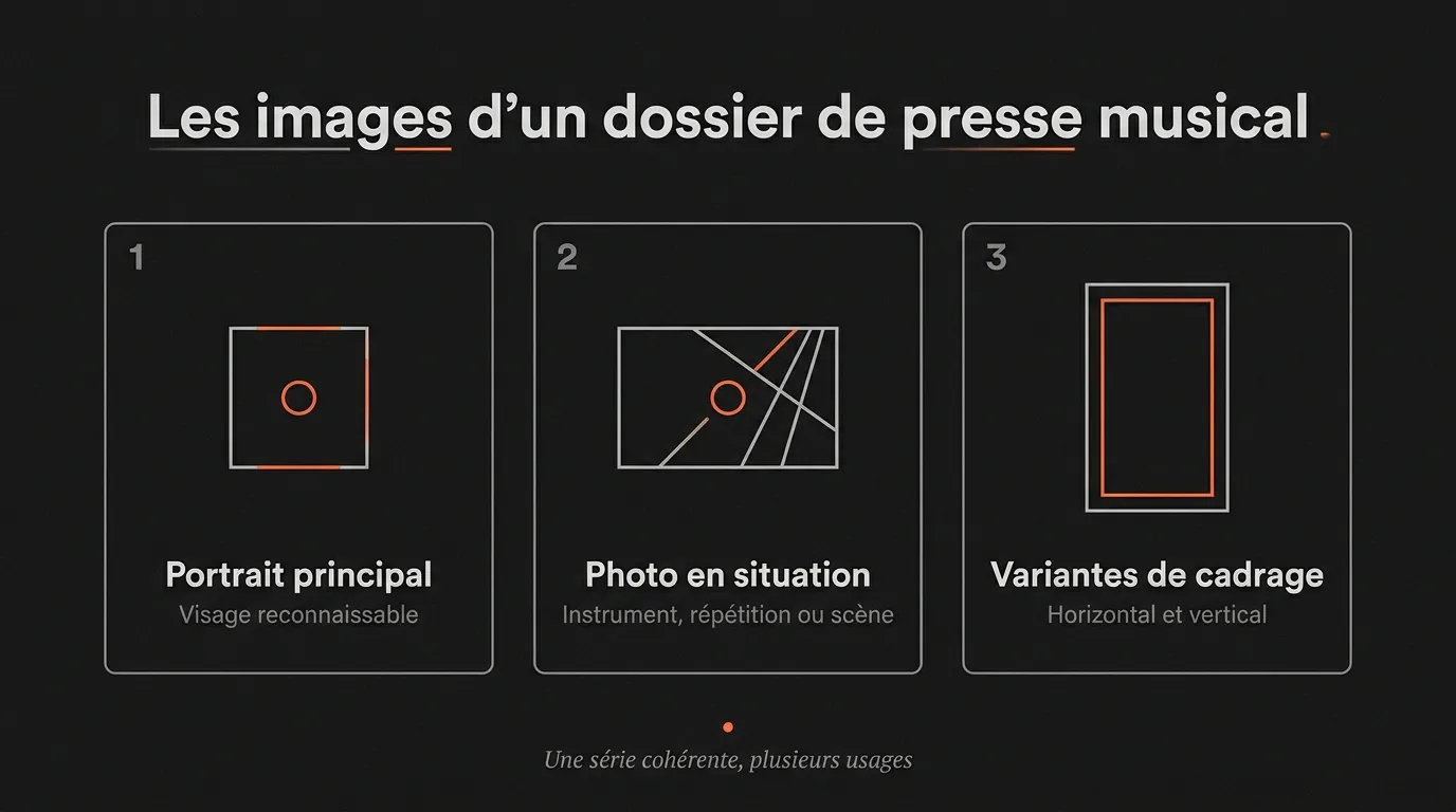 Trois types de photos pour un dossier de presse musical : portrait principal, photo en situation et variantes horizontales ou verticales