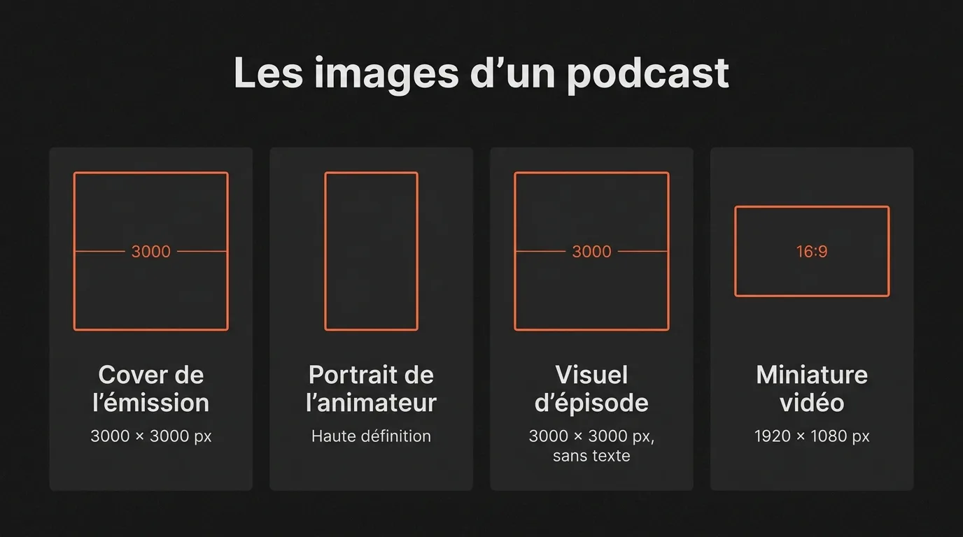 Les images d’un podcast : la cover de l’émission en 3000 × 3000 px, le portrait de l’animateur en haute définition, le visuel d’épisode en 3000 × 3000 px sans texte et la miniature vidéo en 1920 × 1080 px
