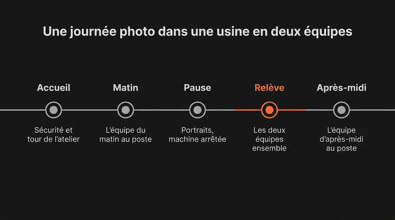 Frise d’une journée photo dans une usine en deux équipes : accueil sécurité, équipe du matin, portraits pendant la pause, relève, équipe d’après-midi