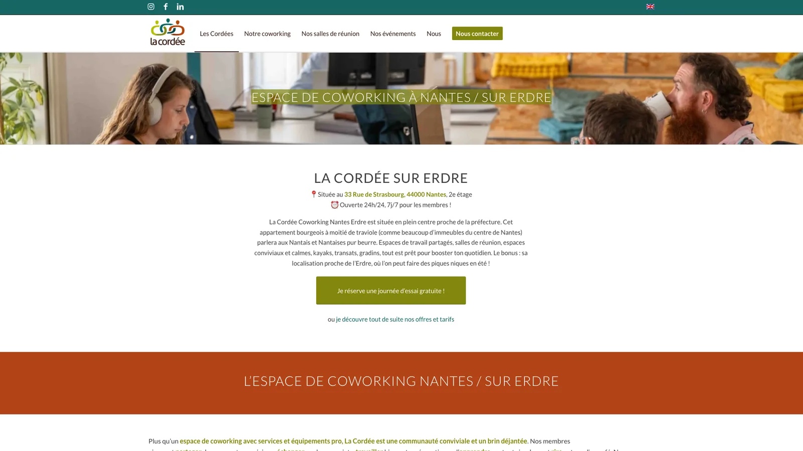 Capture d’écran de la page de La Cordée Sur Erdre, coworking à Nantes