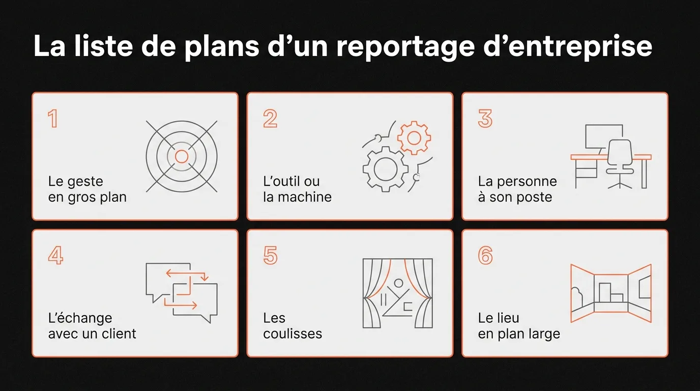 Liste des six plans d’un reportage photo d’entreprise : geste, outil, poste, échange client, coulisses, lieu