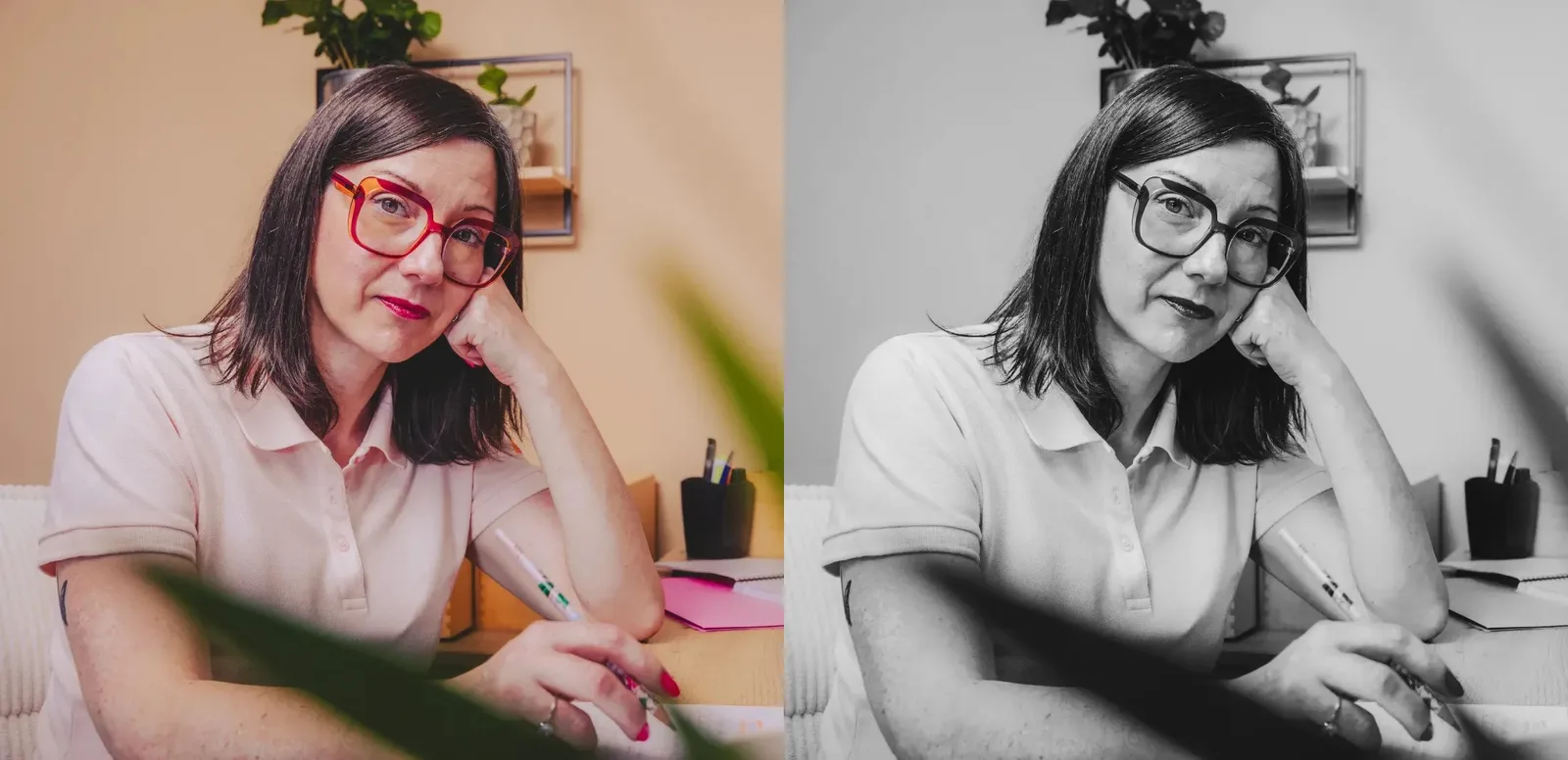 Le même portrait de Nelly Audrain en couleur puis en noir et blanc : ses lunettes rouges et son polo rose pâle deviennent une monture noire et un polo gris clair