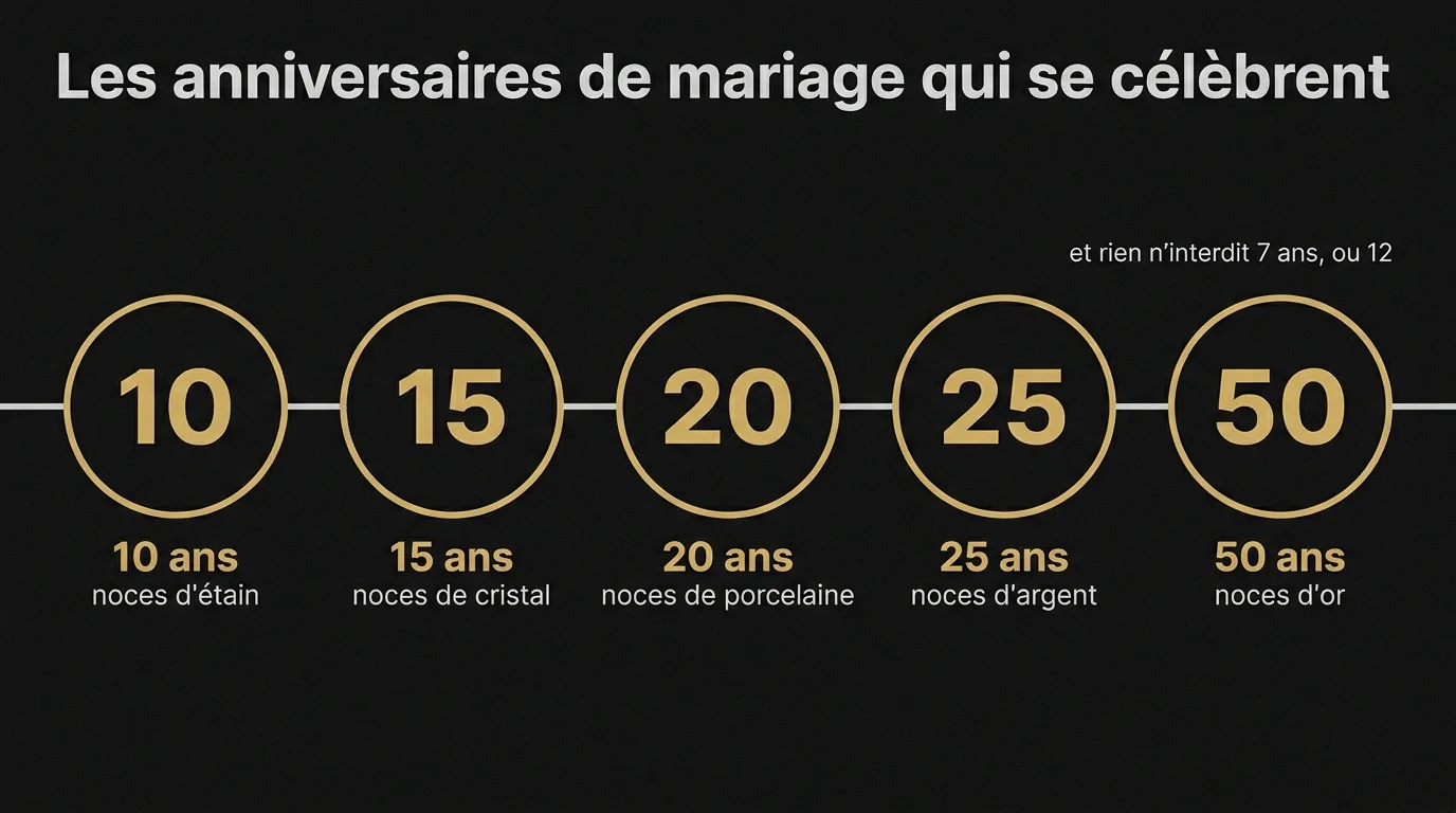 Les anniversaires de mariage traditionnels célébrés : 10 ans noces d’étain, 15 ans cristal, 20 ans porcelaine, 25 ans argent, 50 ans or