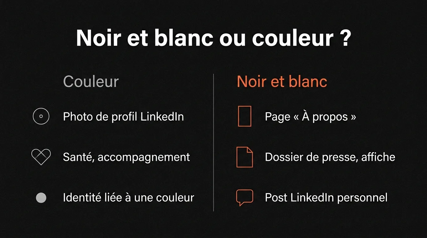 Noir et blanc ou couleur selon l’usage : couleur pour la photo de profil LinkedIn, un métier de santé ou d’accompagnement et une identité liée à une couleur, noir et blanc pour la page À propos, le dossier de presse et un post LinkedIn personnel