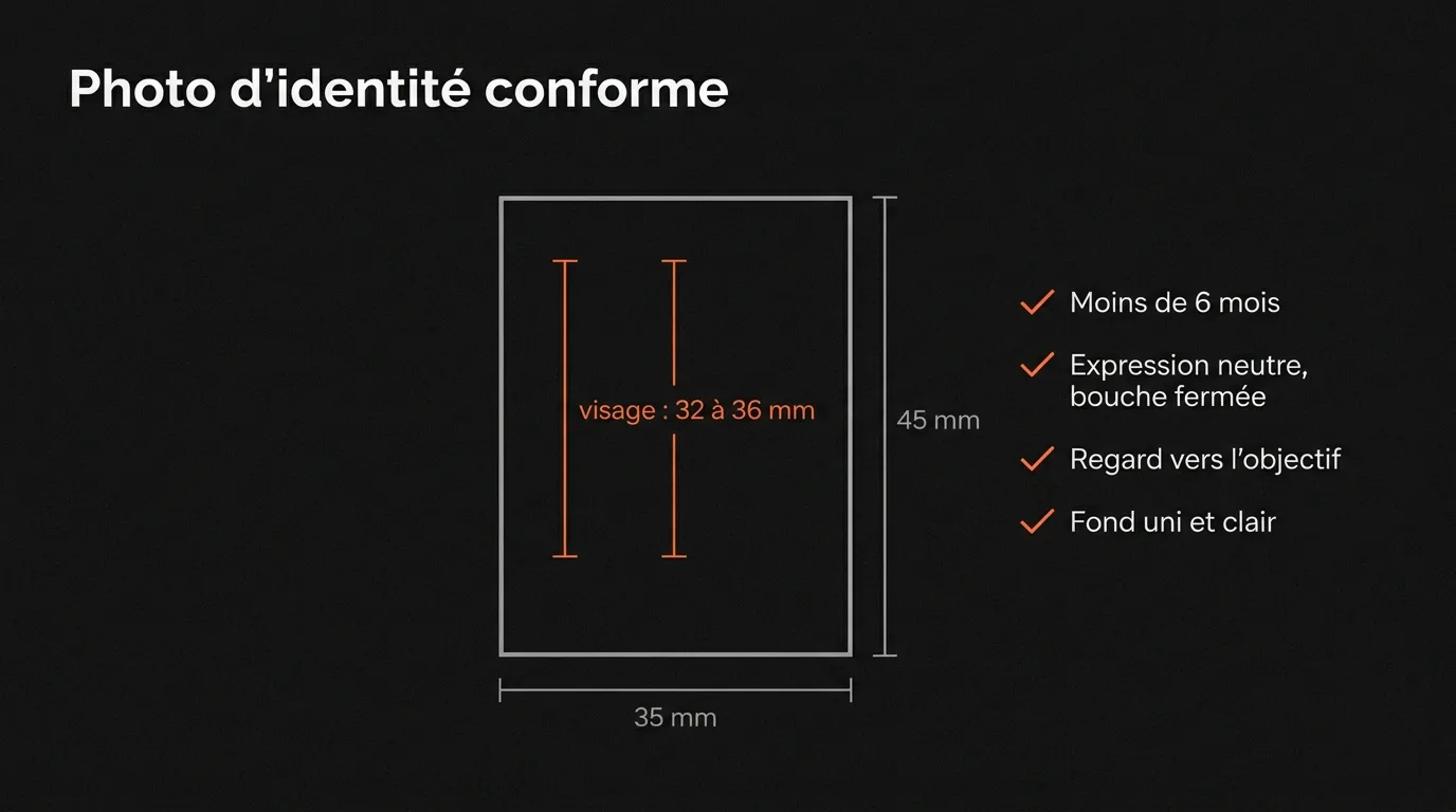 Les normes d’une photo d’identité conforme : moins de 6 mois, 35 × 45 mm, visage de 32 à 36 mm, expression neutre bouche fermée, fond uni et clair
