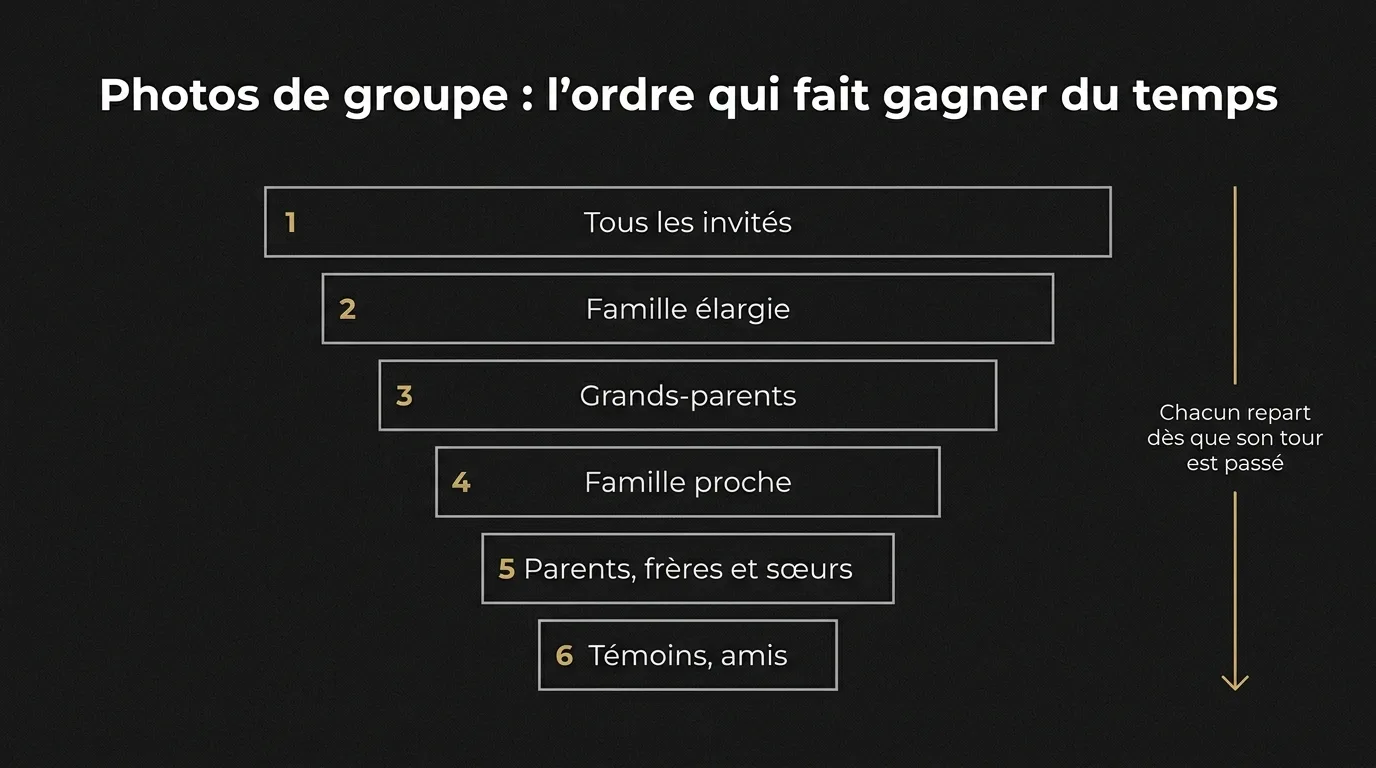 Ordre des photos de groupe au mariage, du plus grand au plus petit : tous les invités, famille élargie, grands-parents, famille proche, parents et fratrie, puis témoins et amis