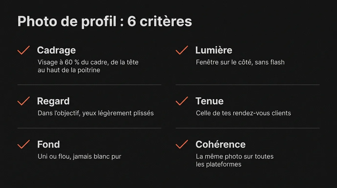 Les six critères d’une photo de profil professionnelle : visage à 60 % du cadre, regard dans l’objectif, fond uni ou flou, lumière de fenêtre, tenue de rendez-vous client, même photo sur toutes les plateformes