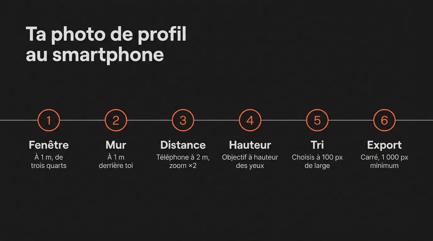 La méthode en six étapes pour une photo de profil au smartphone : fenêtre à un mètre, mur à un mètre derrière toi, téléphone à deux mètres avec le zoom ×2, objectif à hauteur des yeux, tri à 100 pixels de large, export en carré d’au moins 1 000 pixels