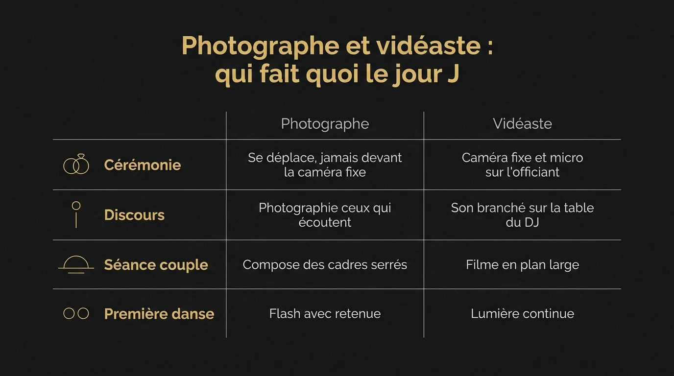 Qui fait quoi le jour J : à la cérémonie, le photographe ne passe jamais devant la caméra fixe du vidéaste, aux discours il photographie ceux qui écoutent pendant que le vidéaste prend le son, à la séance couple le vidéaste filme en large, à la première danse ils s’accordent sur le flash et la lumière