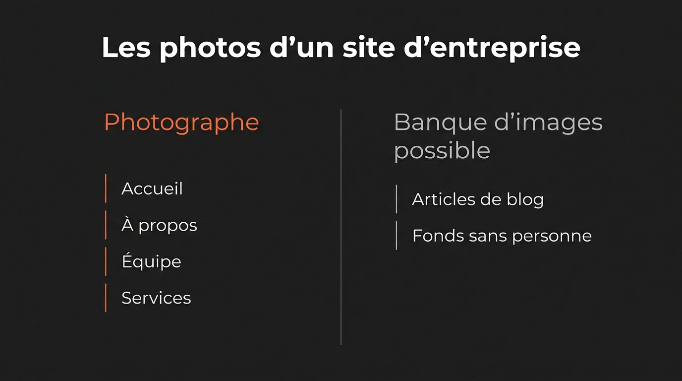 Répartition des photos d’un site d’entreprise : accueil, à propos, équipe et services chez le photographe, articles de blog et fonds sans personne en banque d’images
