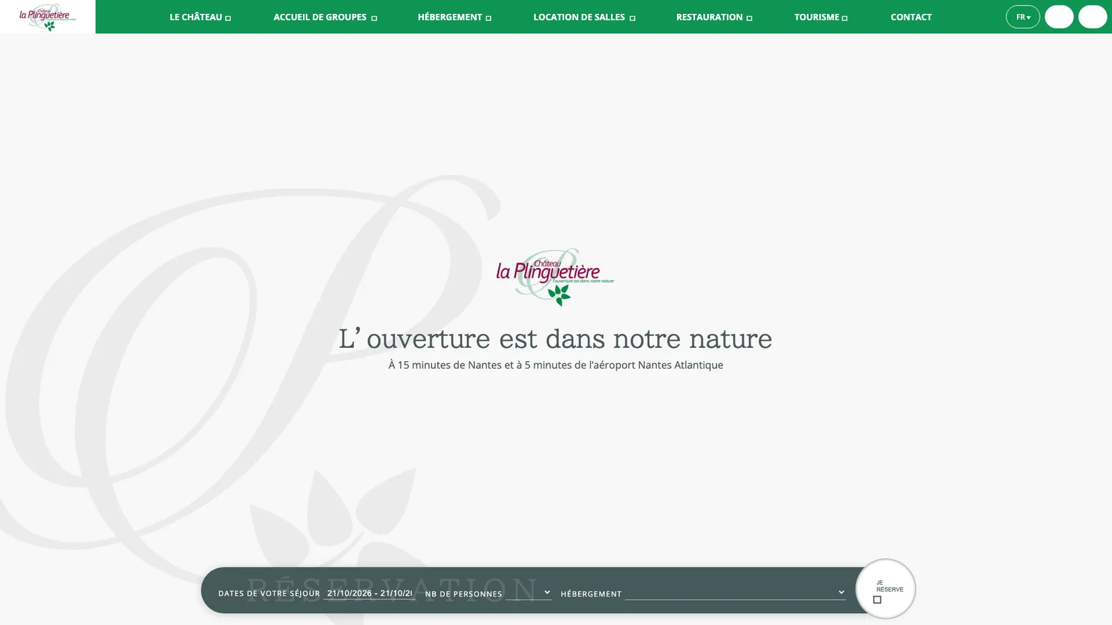 Capture d’écran de la page d’accueil du Château de la Plinguetière, lieu de séminaire près de Nantes