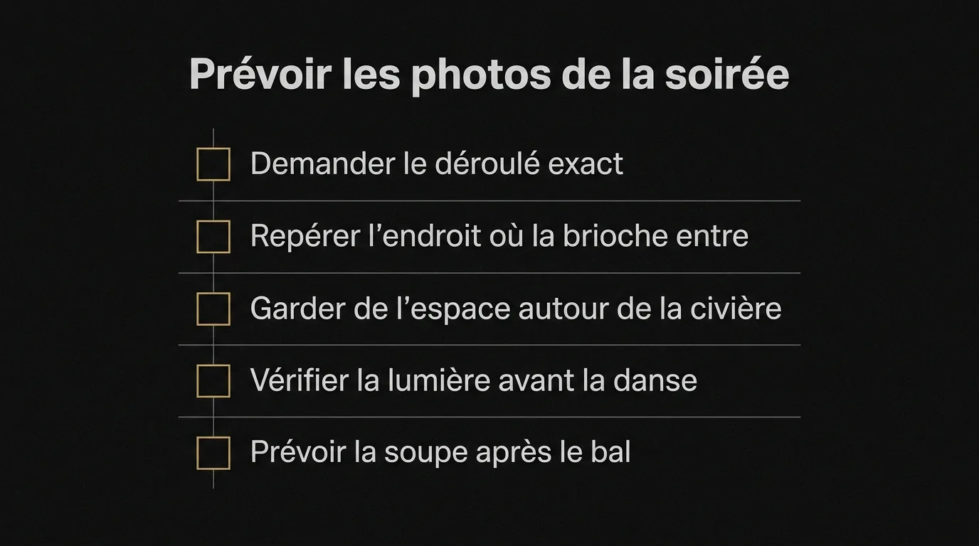 Checklist photo pour la soirée : demander le déroulé, repérer l’entrée de la brioche, garder de l’espace autour de la civière, vérifier la lumière et décider si la soupe sera photographiée