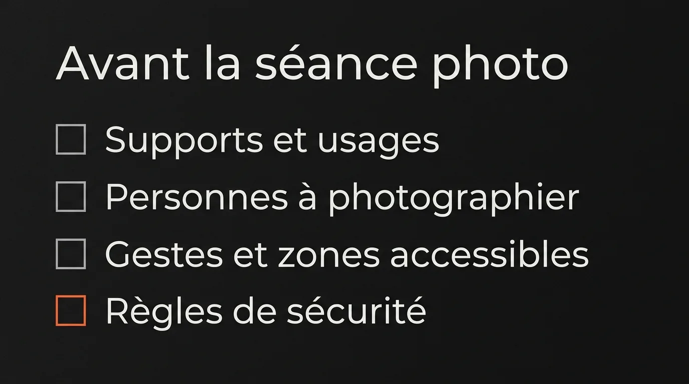 Checklist pour préparer une séance photo : supports et usages, personnes à photographier, gestes et zones accessibles, règles de sécurité