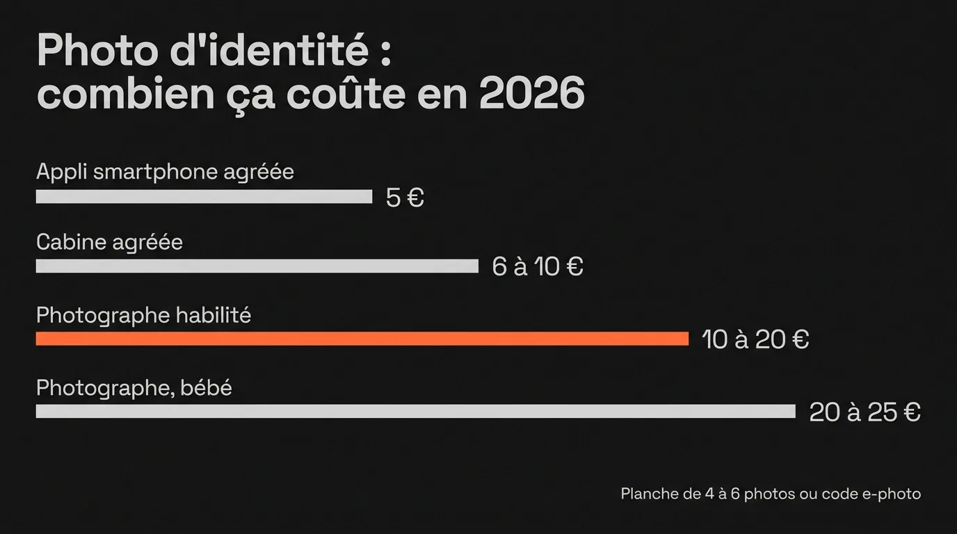 Prix d’une photo d’identité en 2026 selon l’endroit : 5 € sur appli, 6 à 10 € en cabine agréée, 10 à 20 € chez un photographe habilité, 20 à 25 € pour un bébé