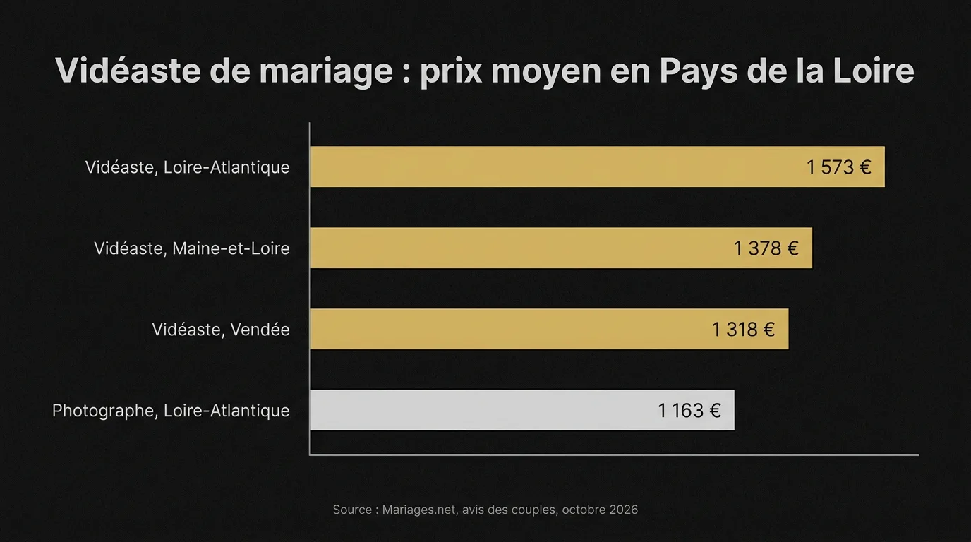 Prix moyen d’un vidéaste de mariage en Pays de la Loire en octobre 2026 : 1 573 € en Loire-Atlantique, 1 378 € en Maine-et-Loire, 1 318 € en Vendée, contre 1 163 € pour un photographe en Loire-Atlantique