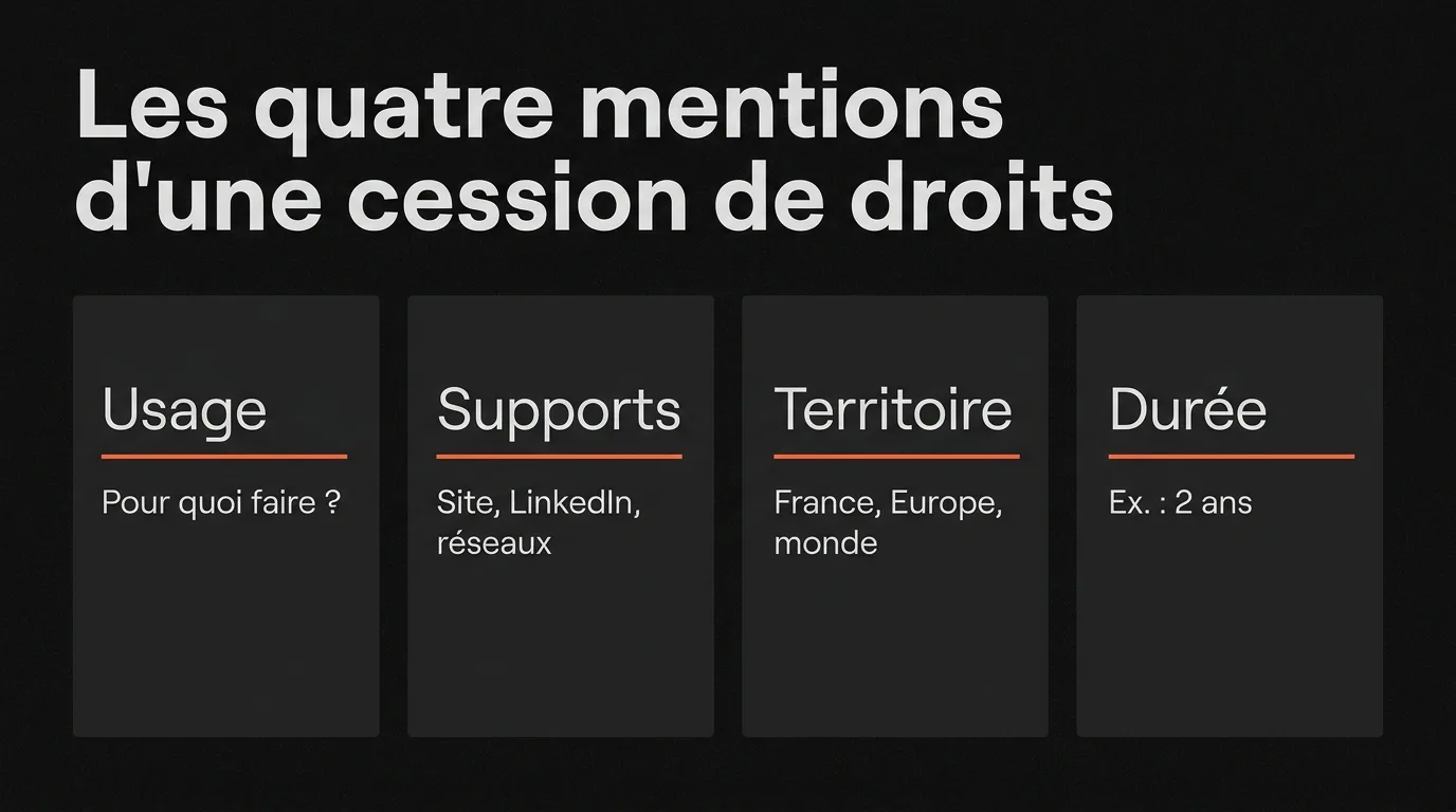 Les quatre mentions d’une cession de droits photo : l’usage, les supports, le territoire et la durée