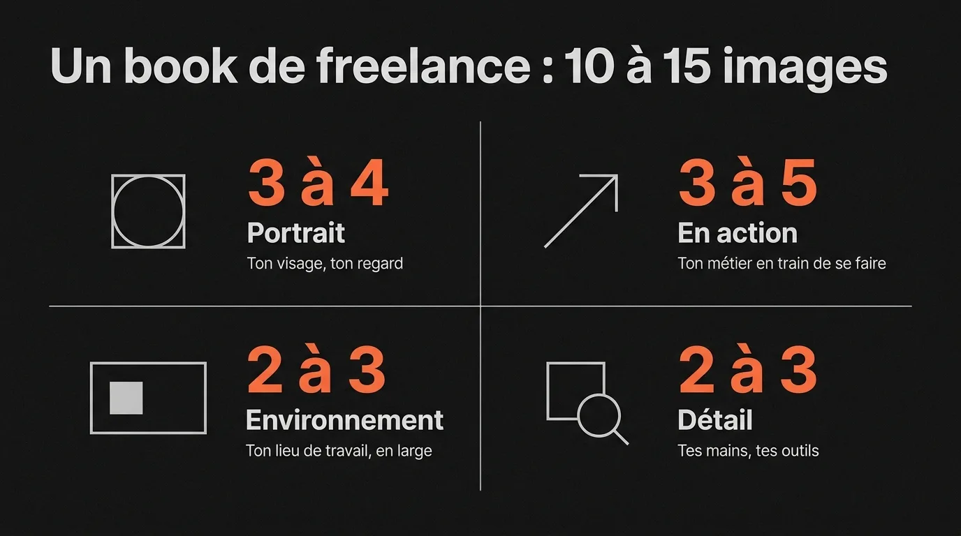 Un book de freelance compte 10 à 15 images : 3 à 4 portraits, 3 à 5 photos en action, 2 à 3 photos de ton lieu de travail et 2 à 3 détails de tes mains et de tes outils
