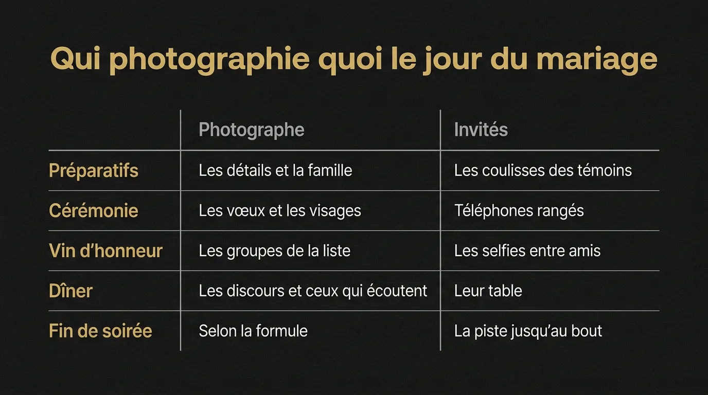 Qui photographie quoi le jour du mariage : le photographe couvre les détails des préparatifs, les vœux, les groupes et les discours, les invités couvrent les coulisses des témoins, les selfies, leur table et la piste jusqu’au bout, téléphones rangés pendant la cérémonie