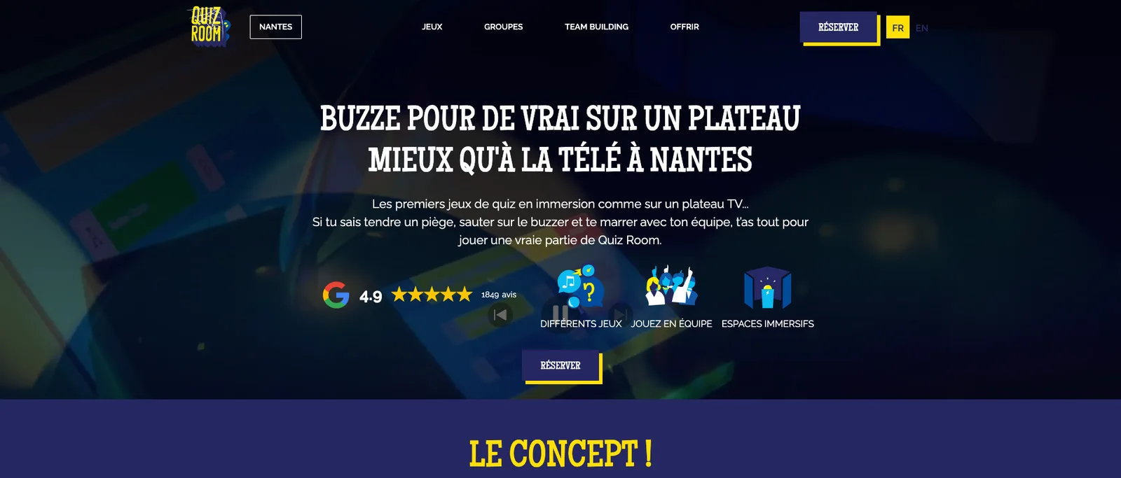 Capture d’écran de la page d’accueil de Quiz Room Nantes