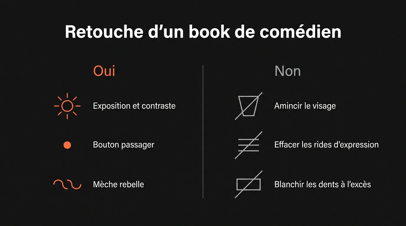 Retouche d’un book de comédien : oui pour l’exposition, un bouton passager ou une mèche rebelle, non pour amincir le visage, effacer les rides d’expression ou blanchir les dents à l’excès
