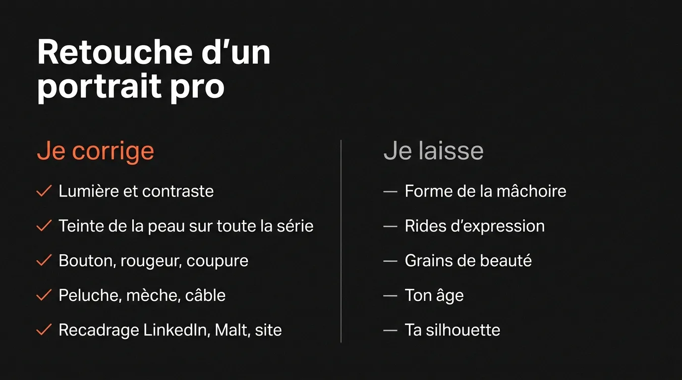 Infographie : ce que corrige la retouche d’un portrait pro (lumière, teinte de peau, bouton, peluche, recadrage) et ce qu’elle laisse (mâchoire, rides d’expression, grains de beauté, âge, silhouette)