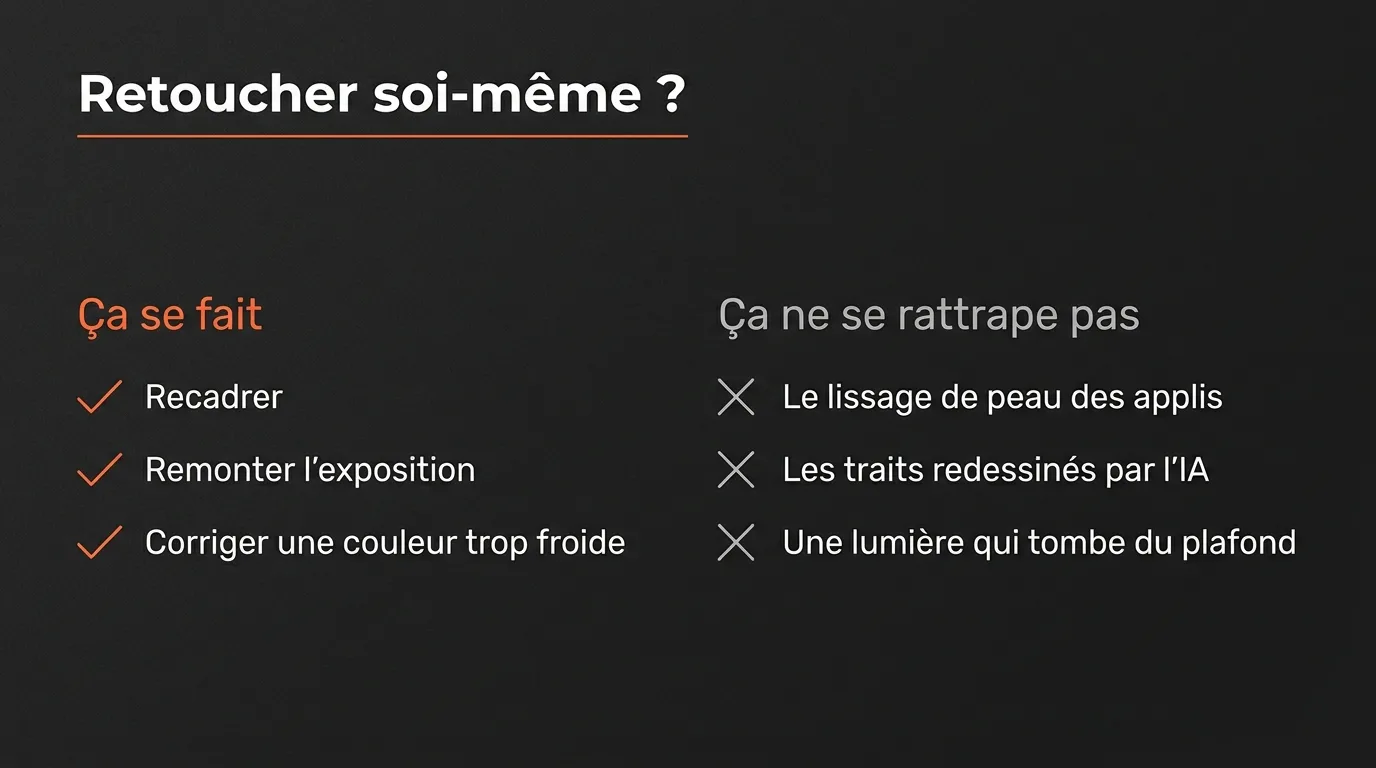 Infographie : ce qu’on peut retoucher soi-même (recadrer, remonter l’exposition, corriger une couleur trop froide) et ce qui ne se rattrape pas (lissage de peau des applis, traits redessinés par l’IA, lumière qui tombe du plafond)