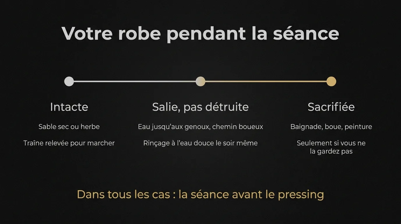 Échelle en trois niveaux pour la robe pendant une séance après le mariage : intacte, salie sans être détruite, ou sacrifiée, avec les gestes de chaque niveau