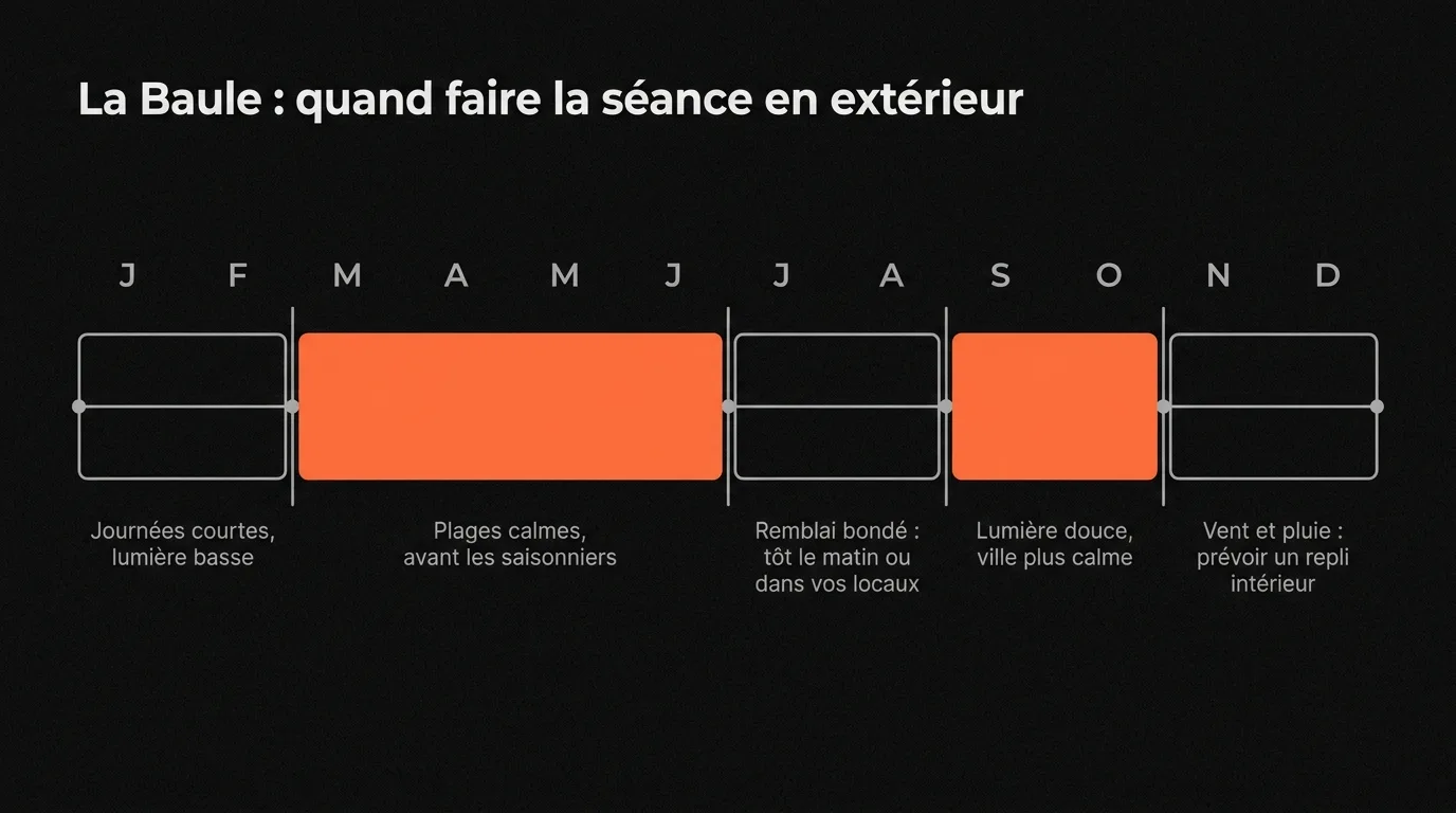 Calendrier d’une séance en extérieur à La Baule : de mars à juin et en septembre-octobre la lumière et le calme sont les meilleurs, l’été impose le petit matin, l’hiver un repli intérieur
