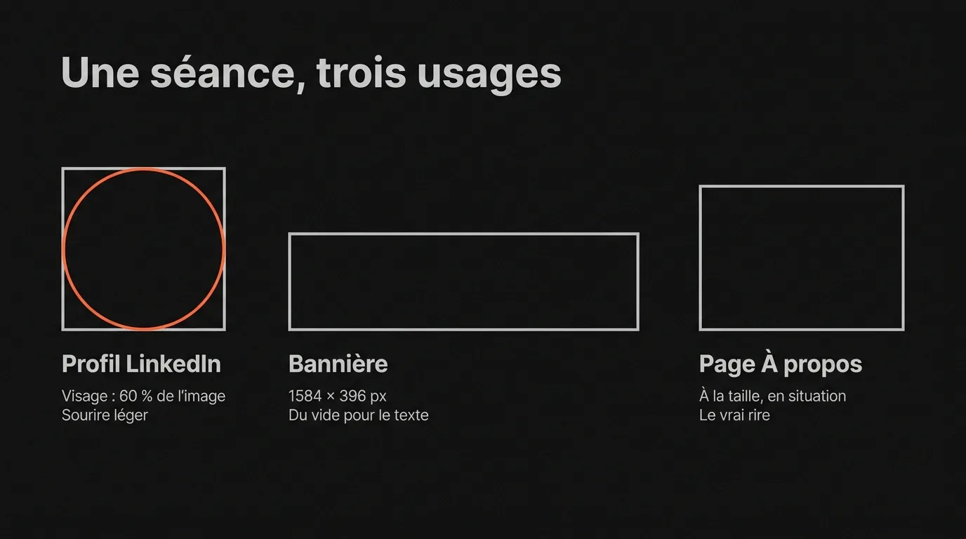 Une séance photo pour trois usages : profil LinkedIn avec le visage sur 60 % de l’image et un sourire léger, bannière de 1584 sur 396 pixels avec du vide pour le texte, page À propos cadrée à la taille avec le vrai rire