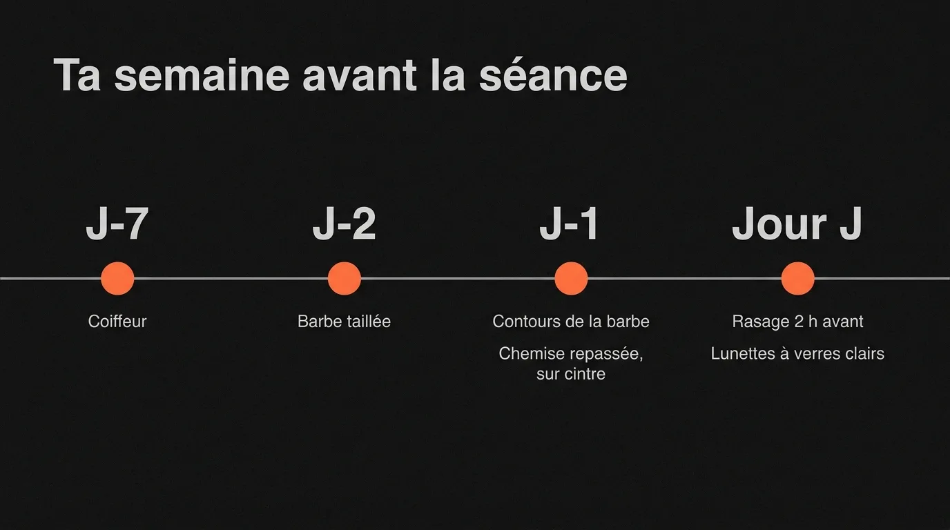 Ta semaine avant une séance photo professionnelle : coiffeur sept jours avant, barbe taillée deux jours avant, contours et chemise repassée la veille, rasage deux heures avant et lunettes à verres clairs le jour même